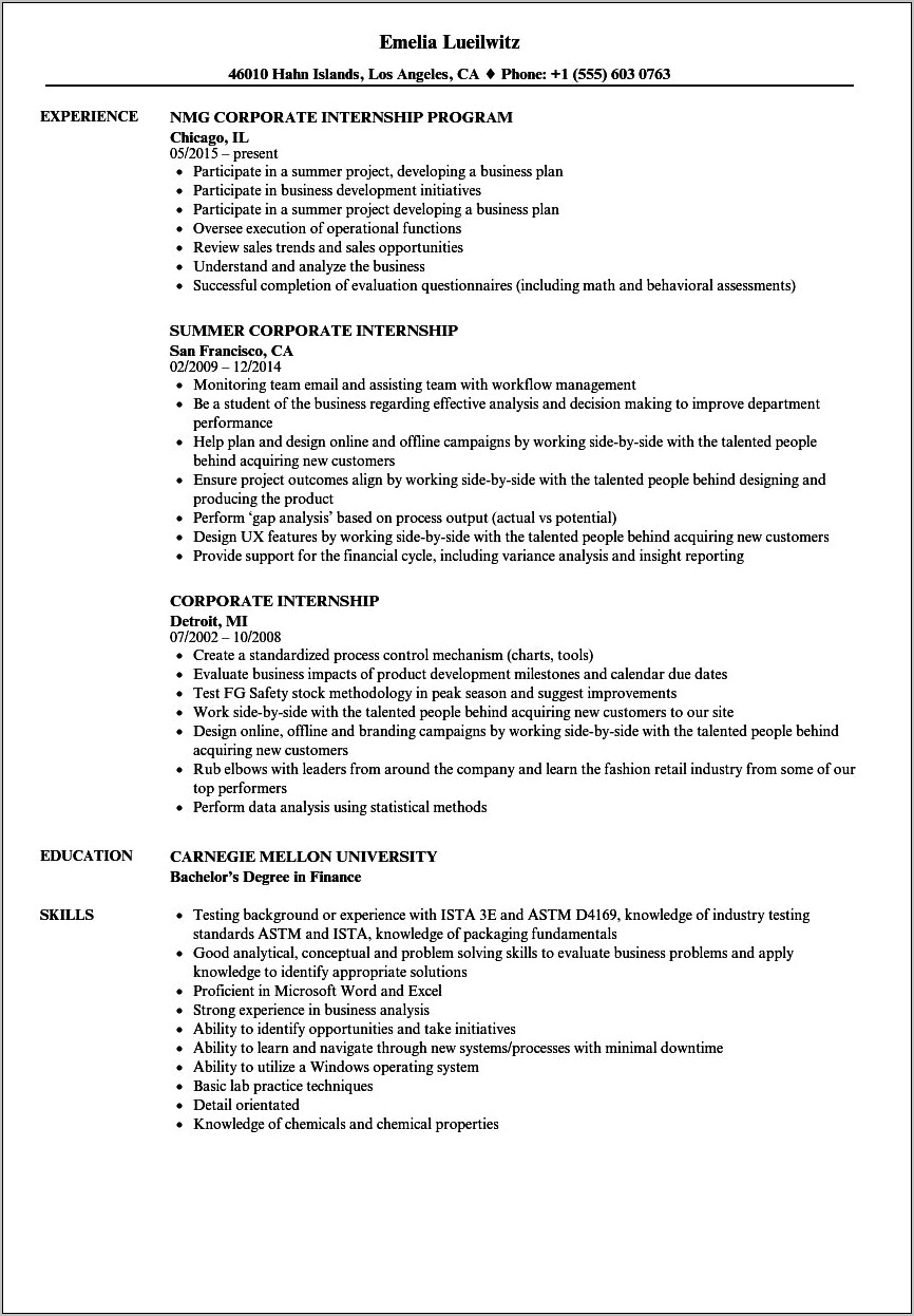 Resume Examples For Obtaining An Intership