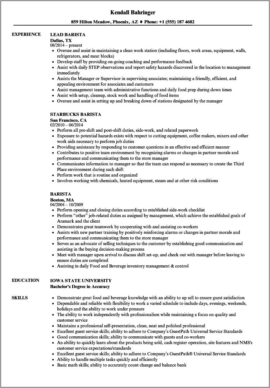 Resume Examples For Part Time Barista Job