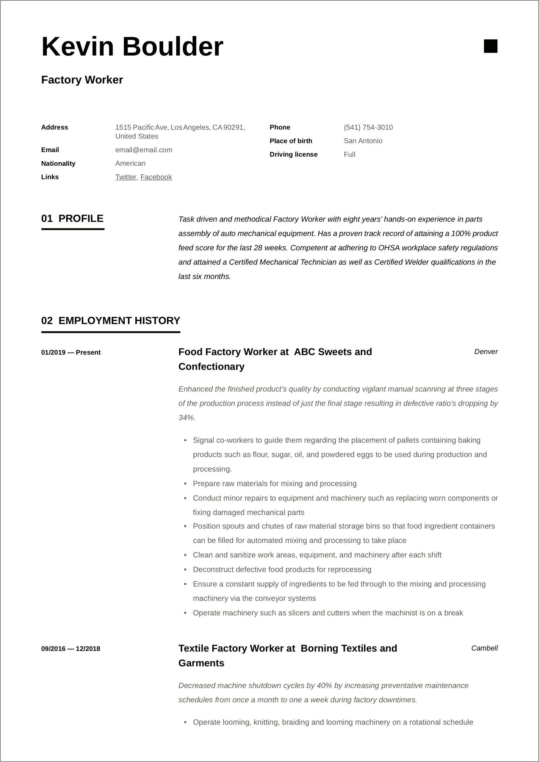Resume Examples For Plant Workers