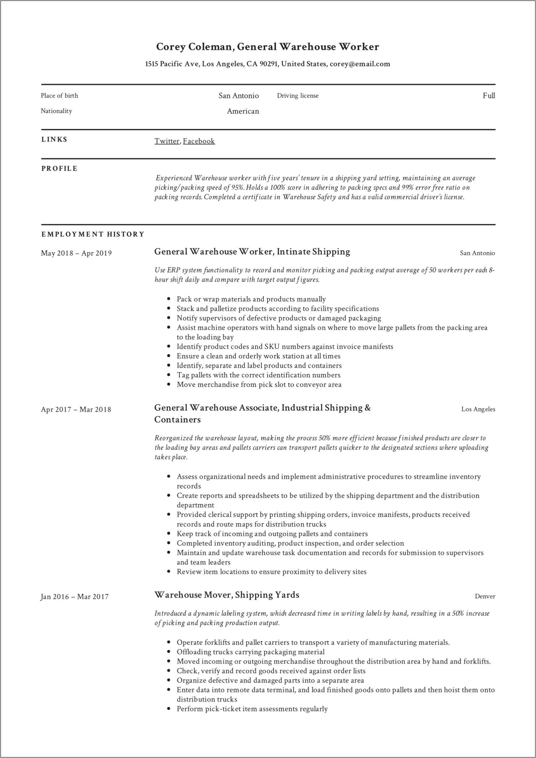 Resume Examples For Process Assistant Warehouse
