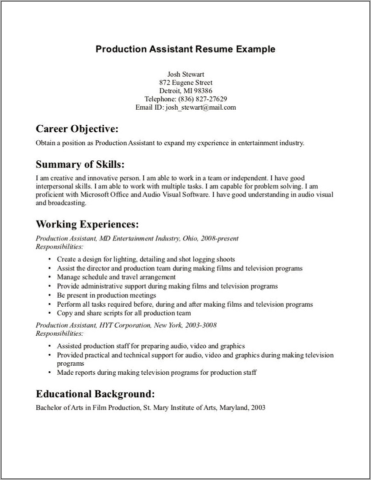 Resume Examples For Production Assistant