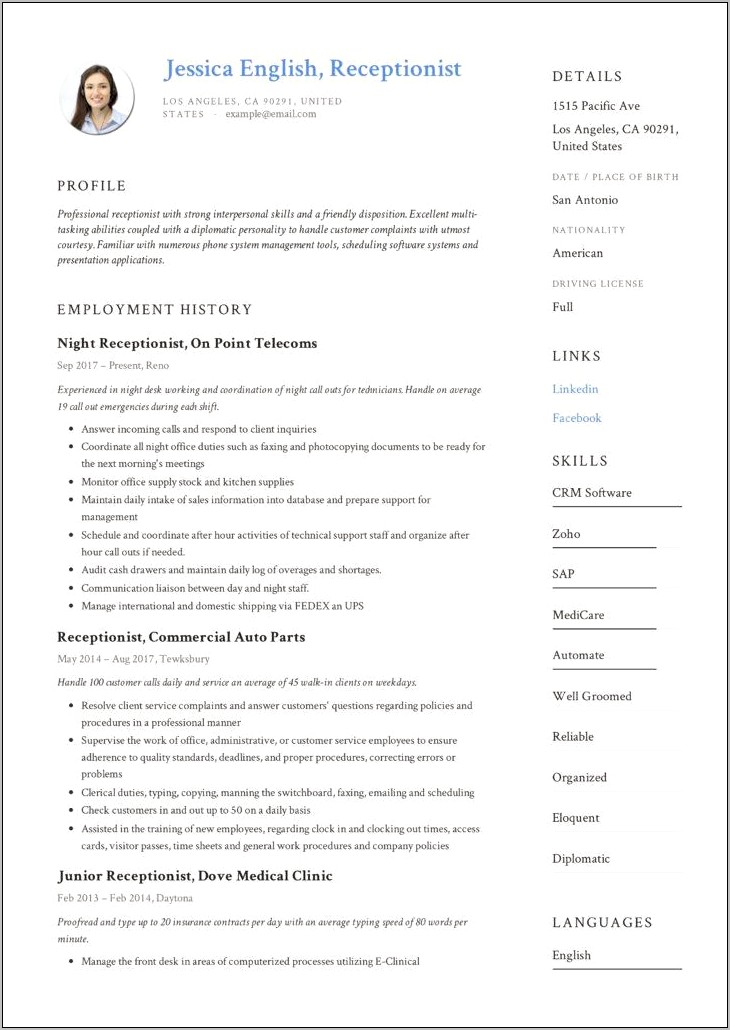 Resume Examples For Receptionists And Dietary