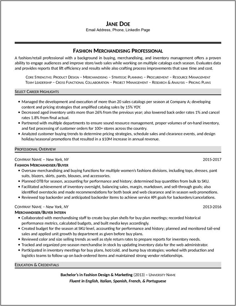 Resume Examples For Retail Adn Merchandisers