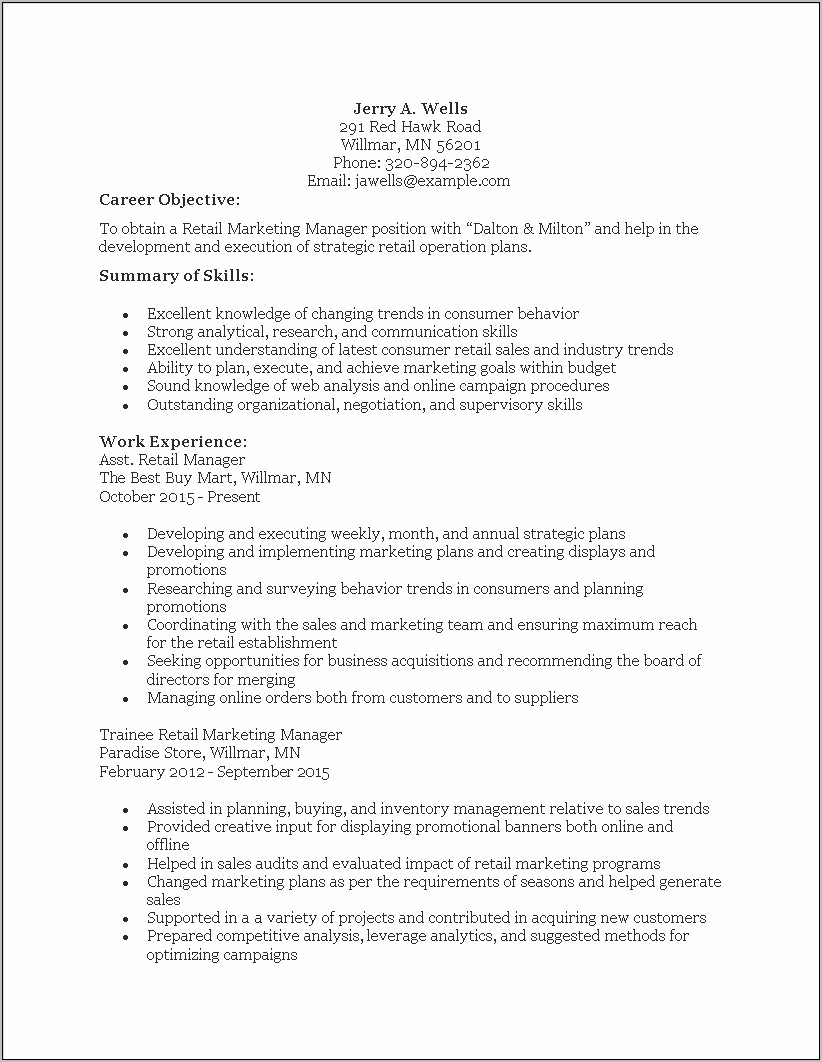 Resume Examples For Retail Management Position