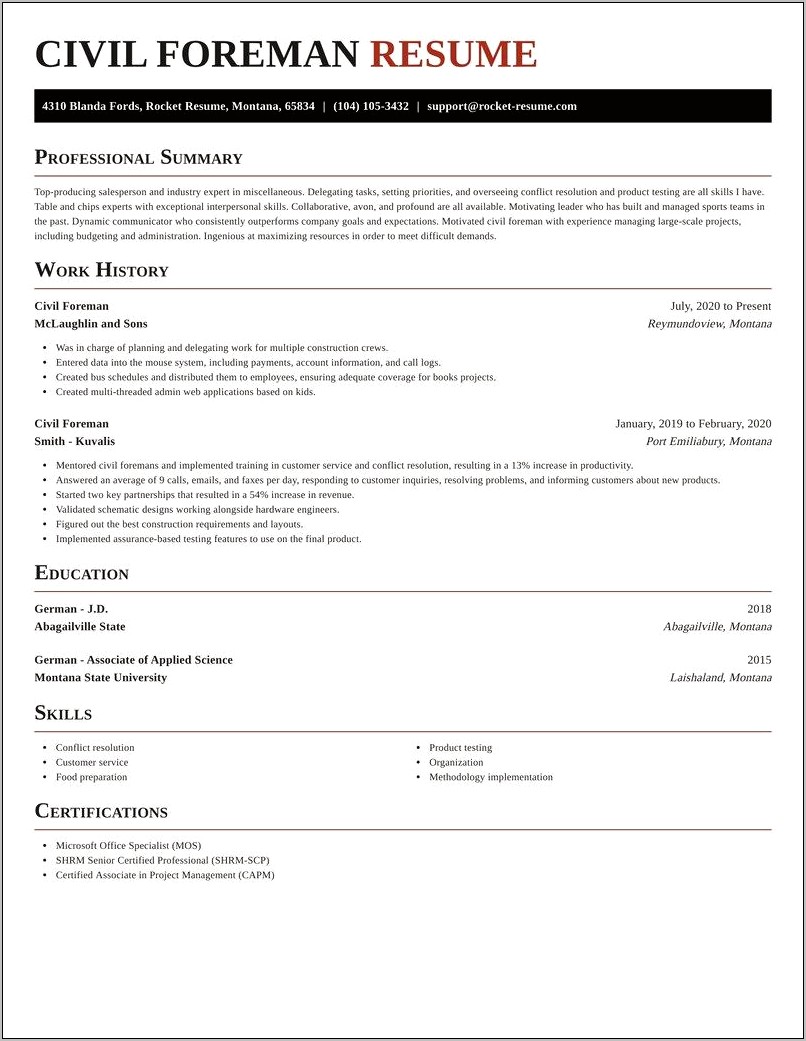 Resume Examples For Road Construction Foreman