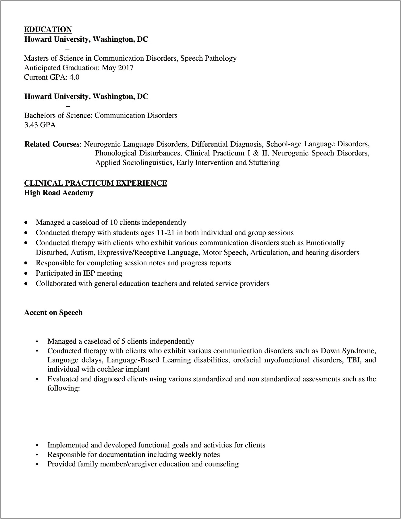Resume Examples For Speech Therapists