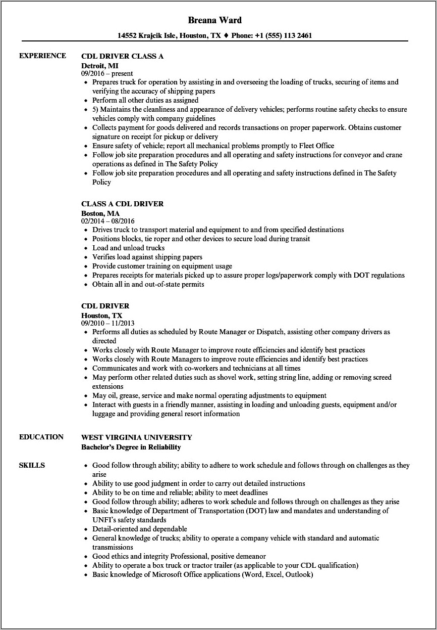 Resume Examples For Ups Driver Assistant