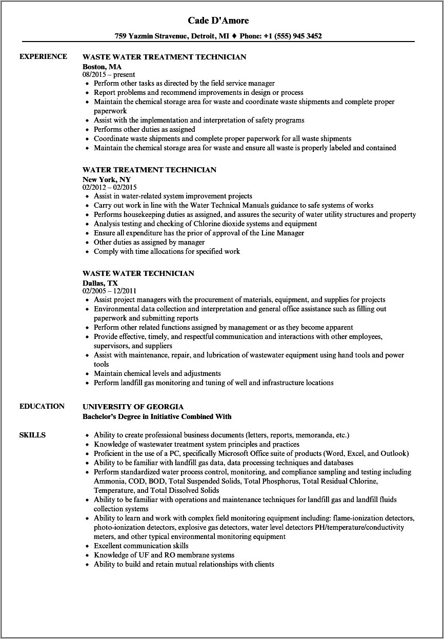 Resume Examples For Water Operators