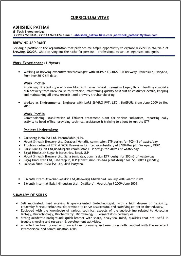 Resume Examples For Working In Distillery