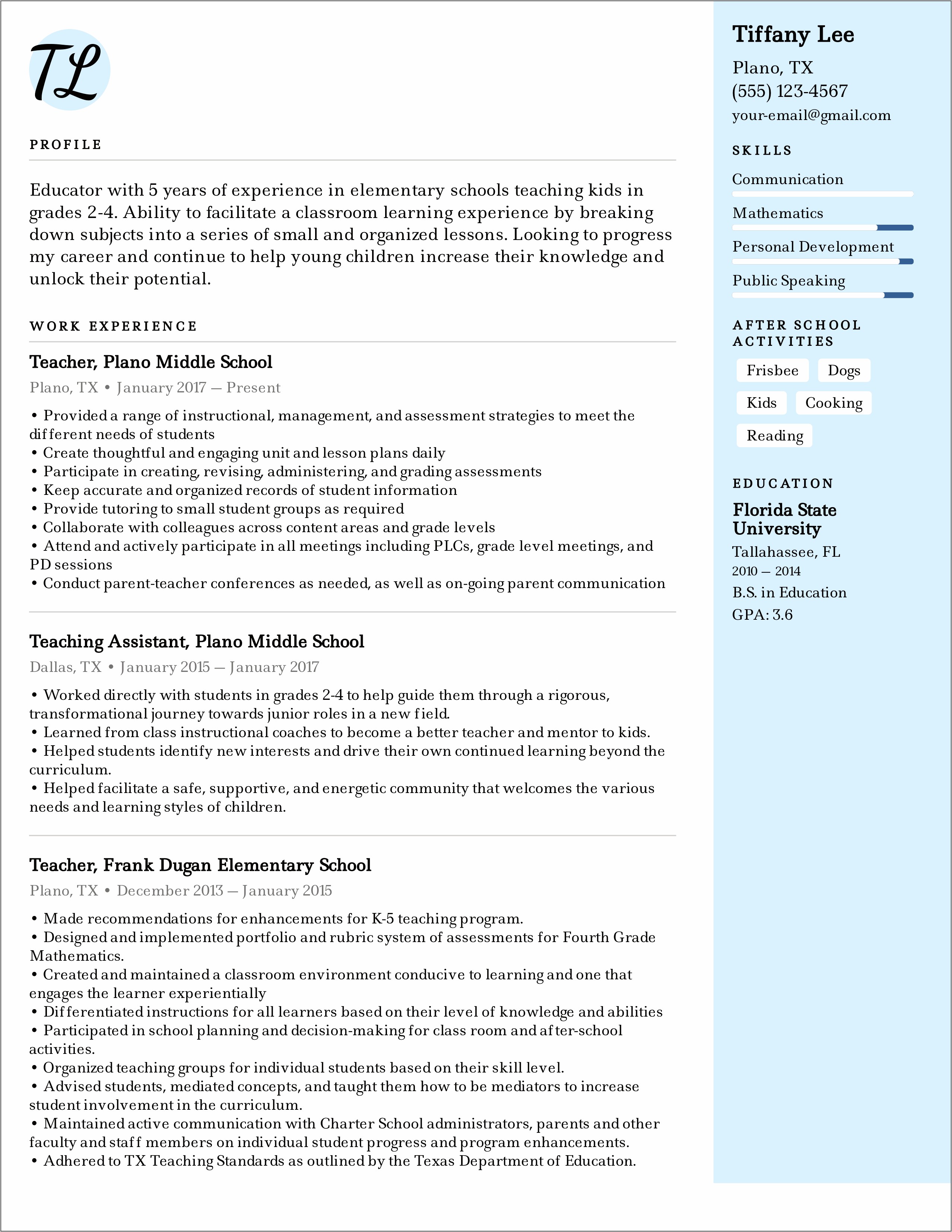 Resume Examples For Working With Kids