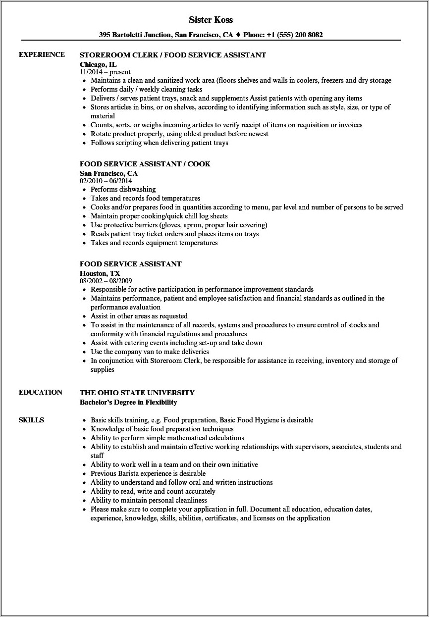 Resume Examples In Food Service