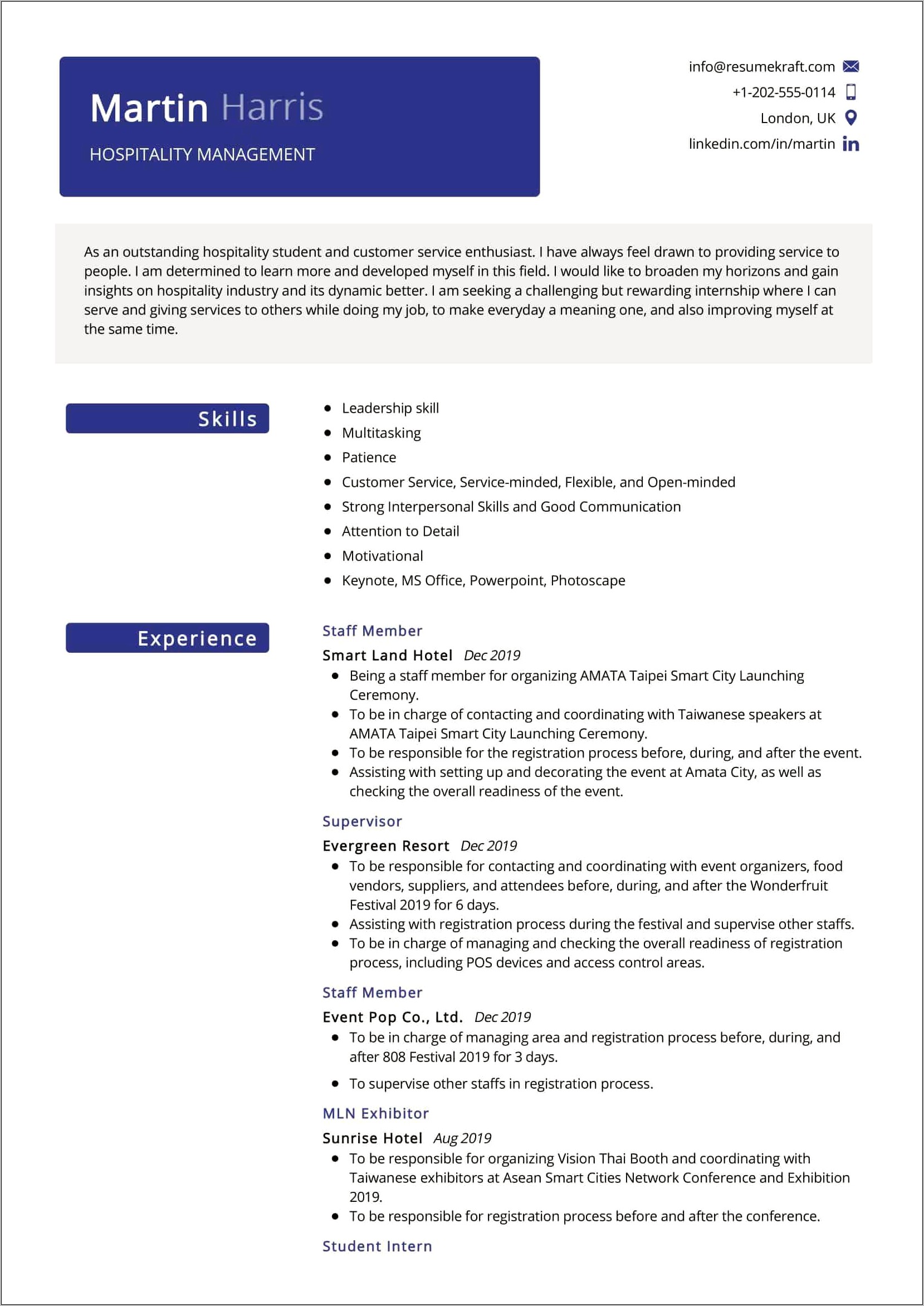 Resume Examples In Us Hospitality Company