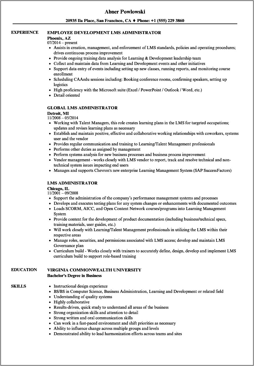 Resume Examples Learning Management System