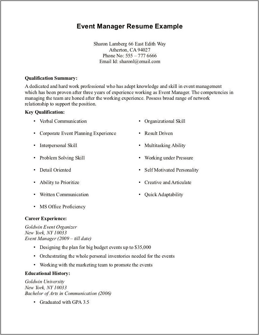 Resume Examples No Work Experience Overview