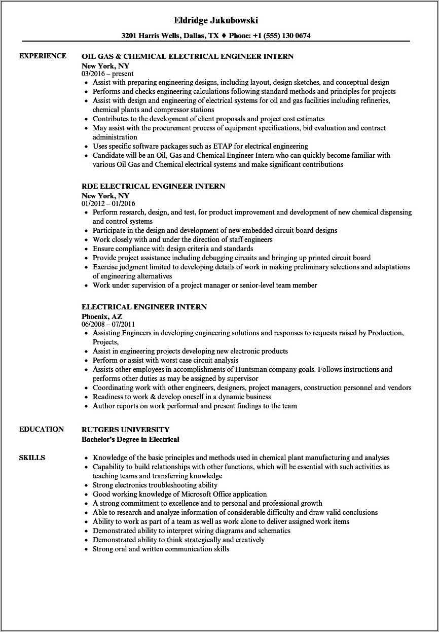Resume Examples Of Engineers For Internship