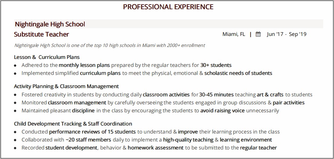 Resume Examples Of Subsitute Teacher Experience