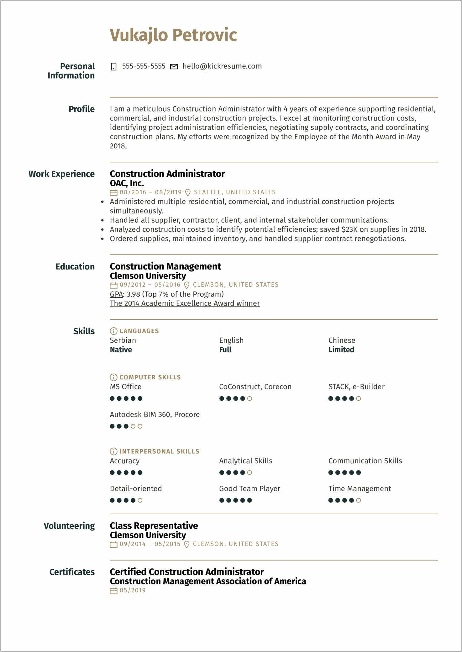 Resume Examples Project Manager Construction