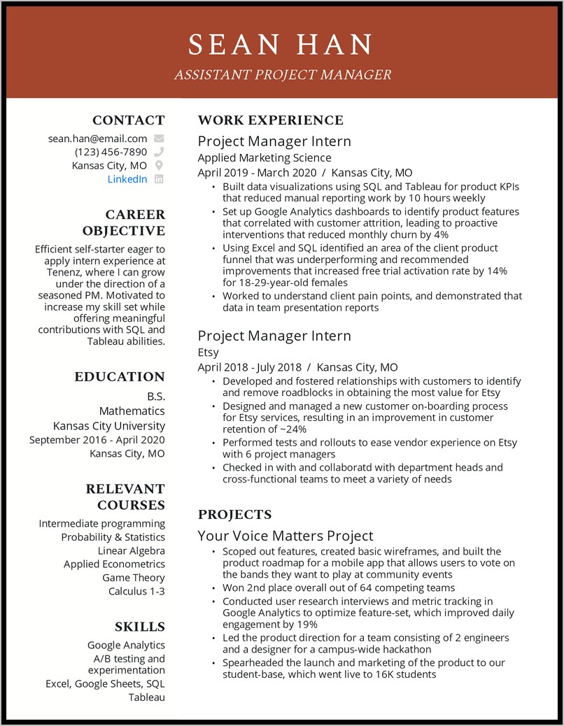 Resume Examples Project Manager Tech Internship