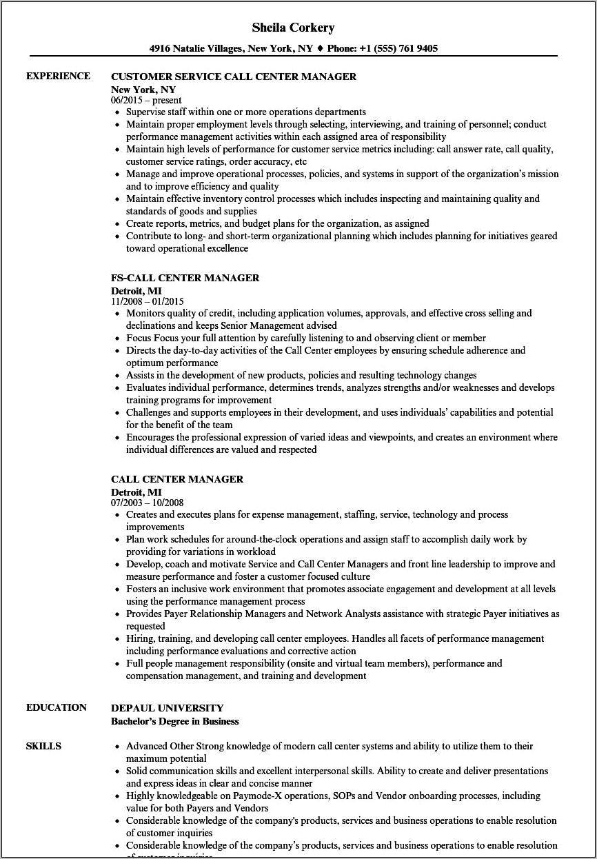 Resume Examples To Apply For Management Call Cenrer