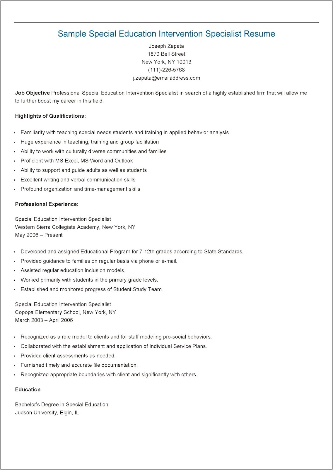 Resume Examples Working With Special Needs