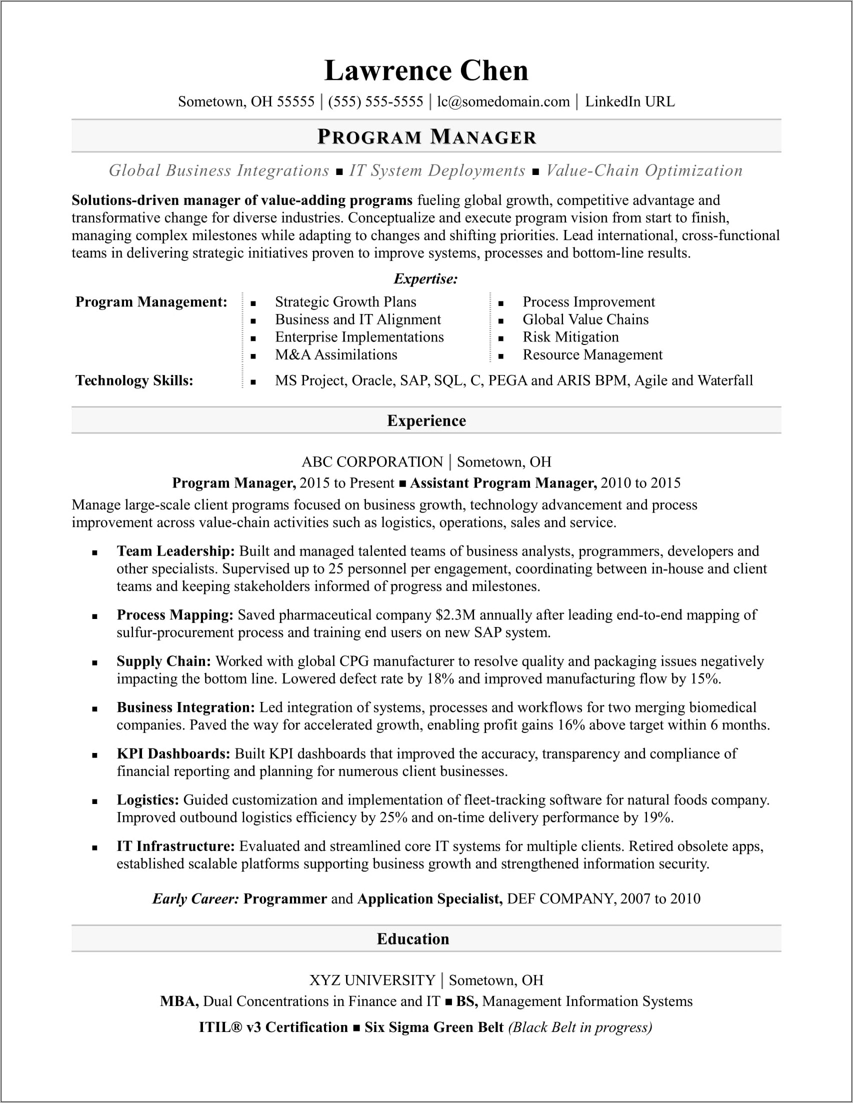 Resume Executive Summary Project Manager