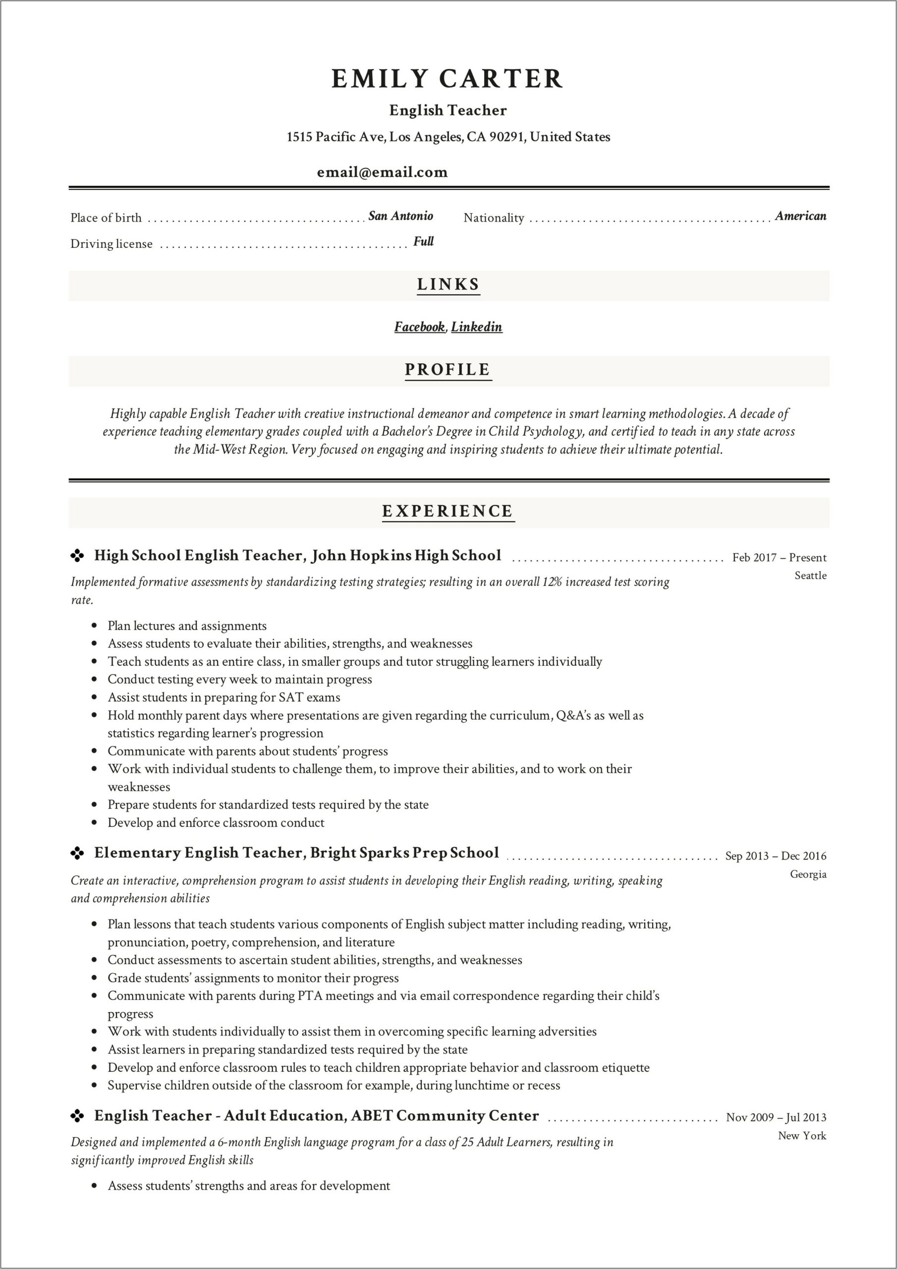 Resume Experience In A Lot Of Area