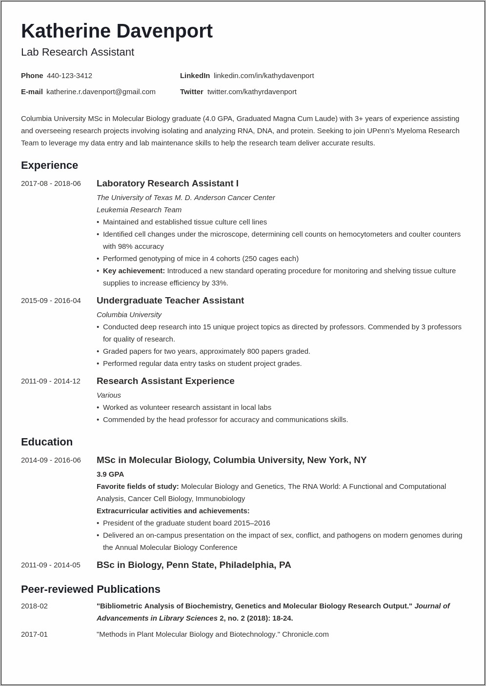Resume Experience In The Field Of Cell Biology