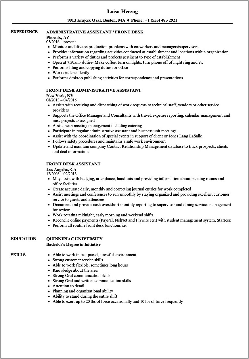 Resume Experience Receptionist At Counseling Center