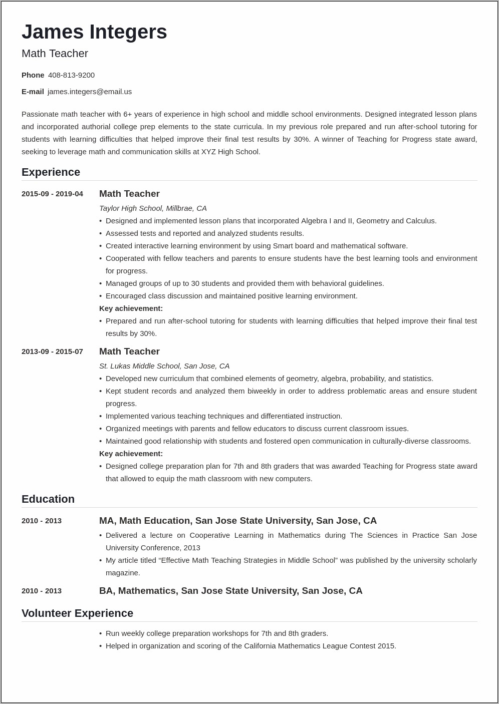 Resume Experience Section Middle School Teacher