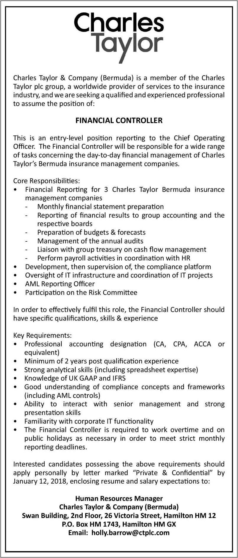 Resume Financial Controller Manager Key Duties & Responsibilities Pdf