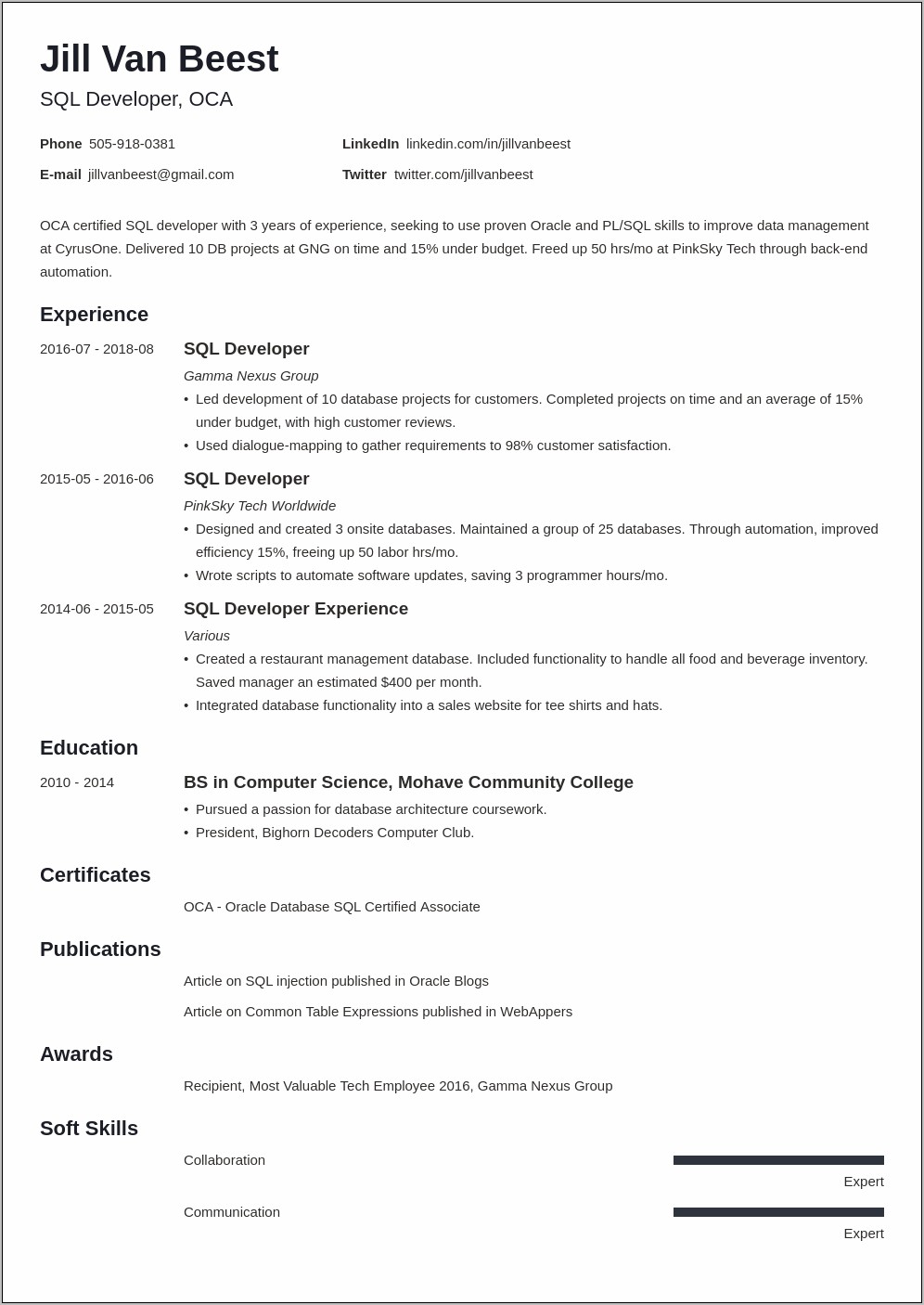 Resume For 1 Year Experience In Sql Server