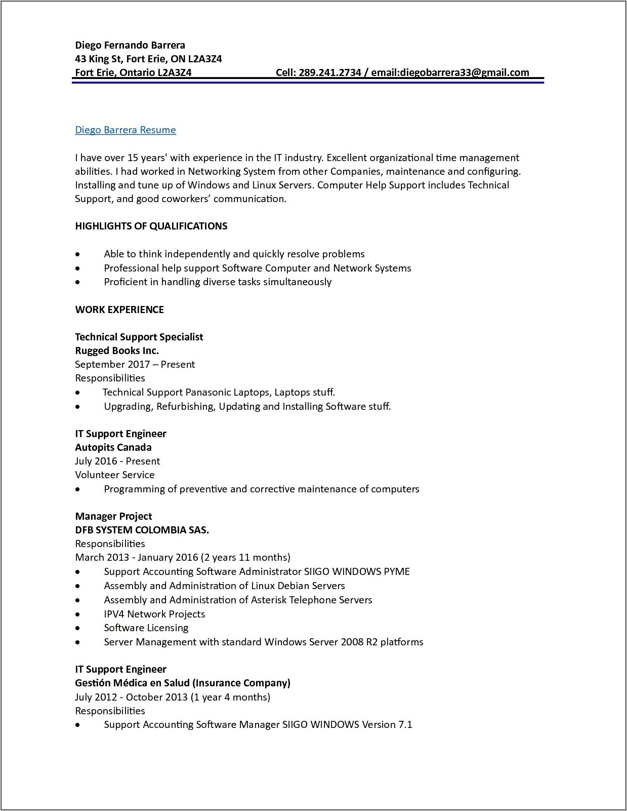 Resume For 1 Year Experience In Technical Support
