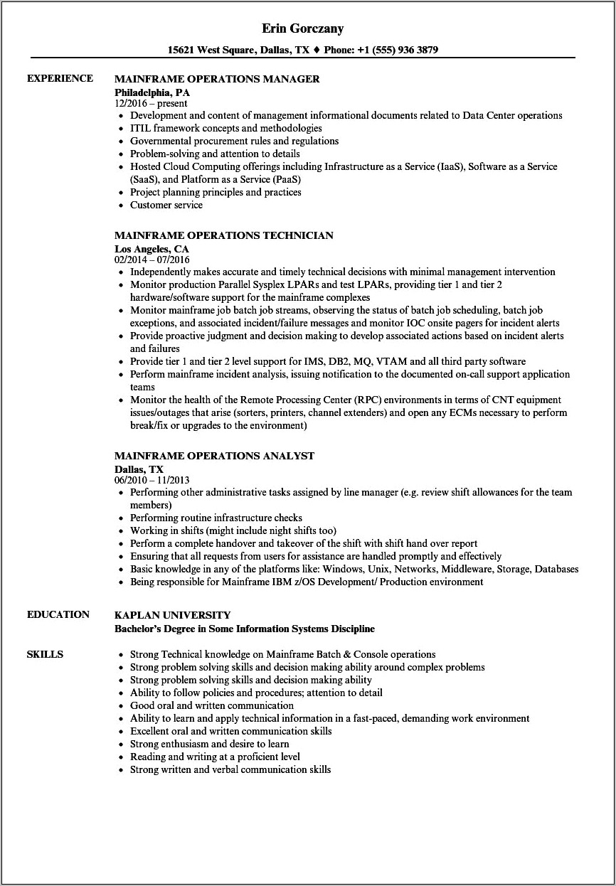 Resume For 2 Years Experience In Mainframe