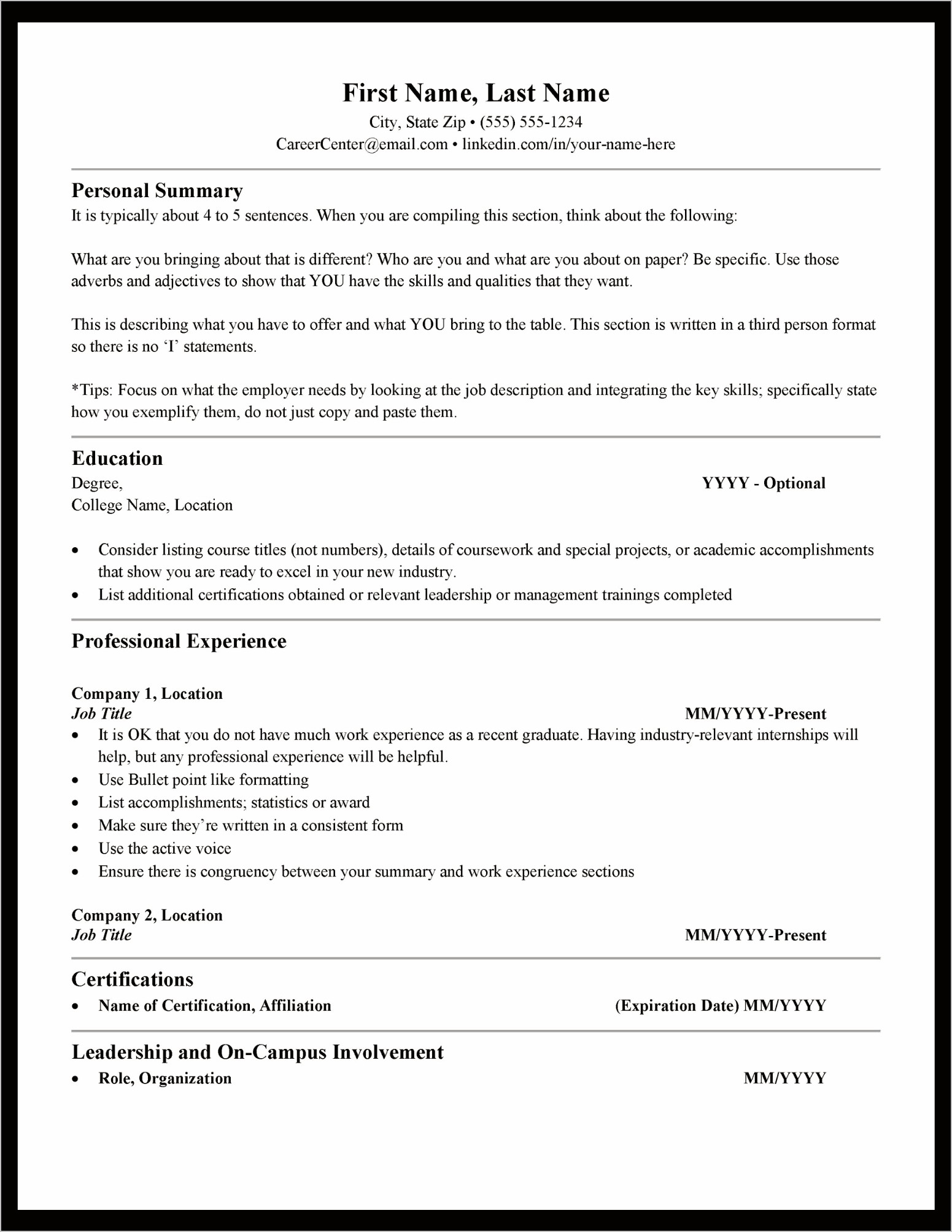 Resume For A College Graduate Template