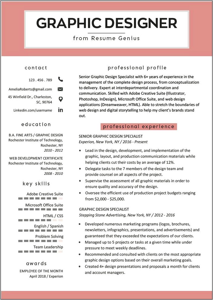 Resume For A Graphic Designer With Summary