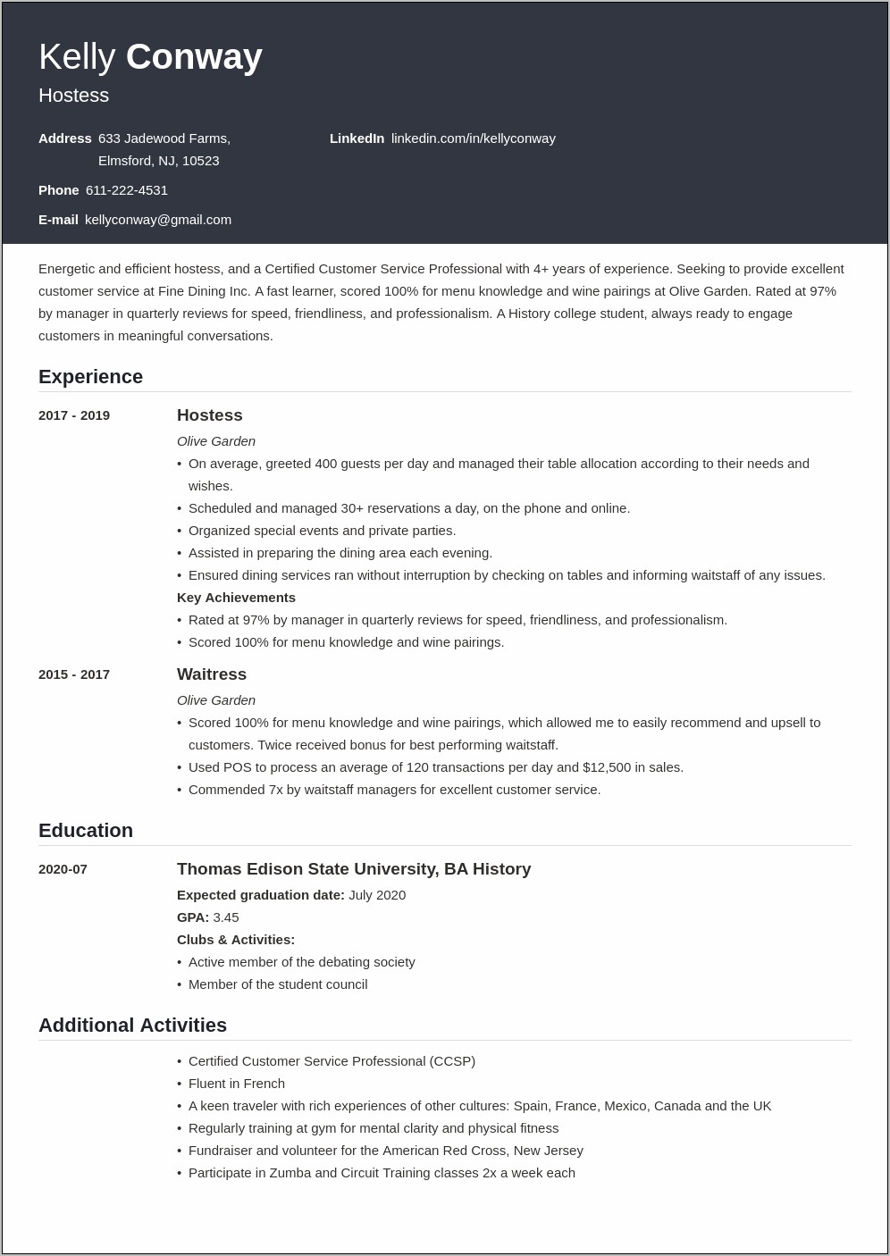 Resume For A Hostess Position With No Experience