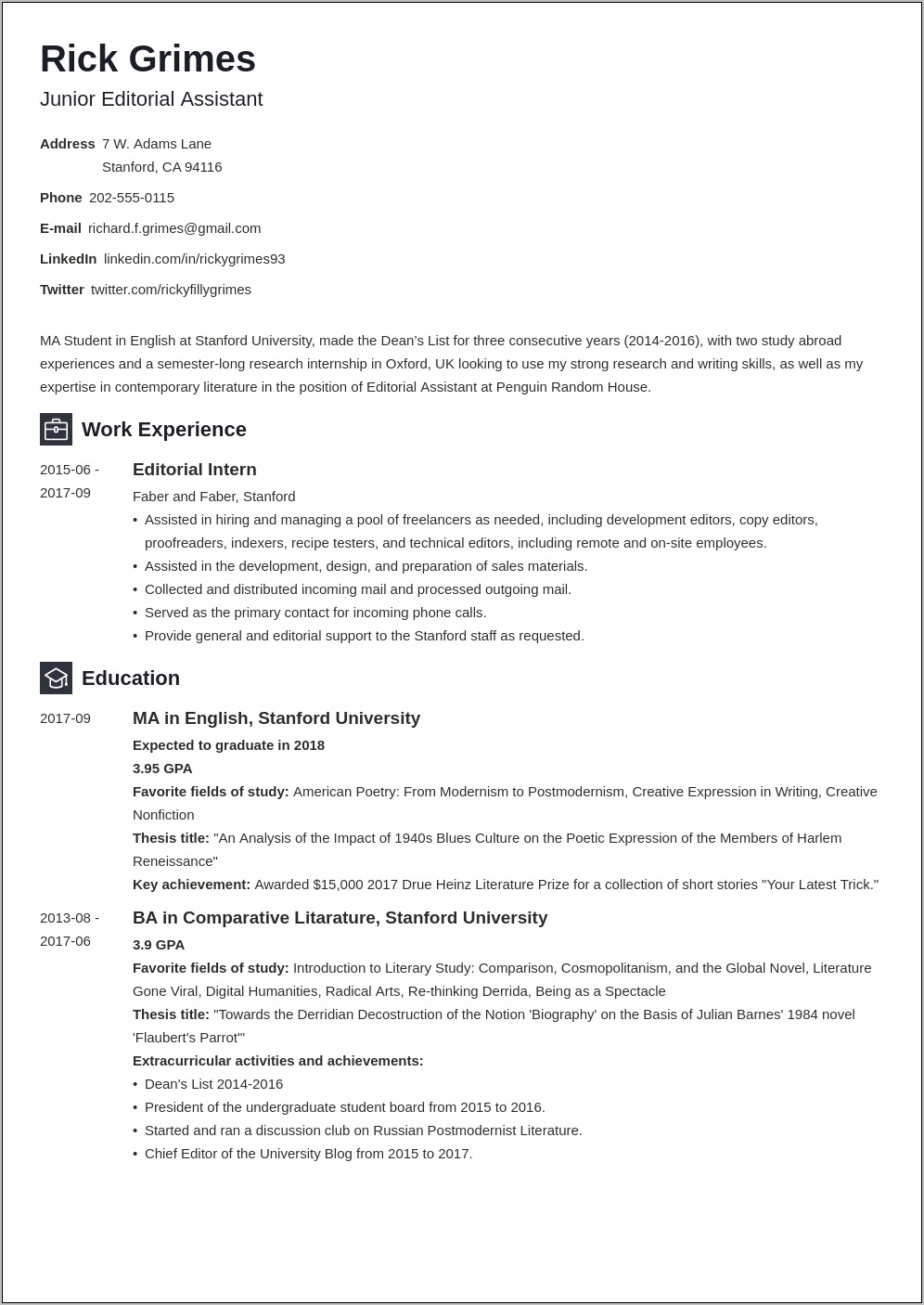 Resume For A Job After Graduate School