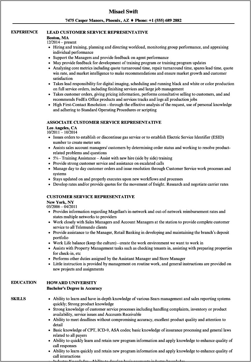 Resume For A Job In Customer Service