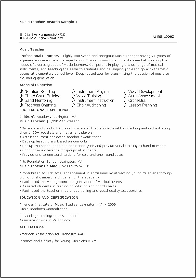 Resume For A Middle School Student In Vocals
