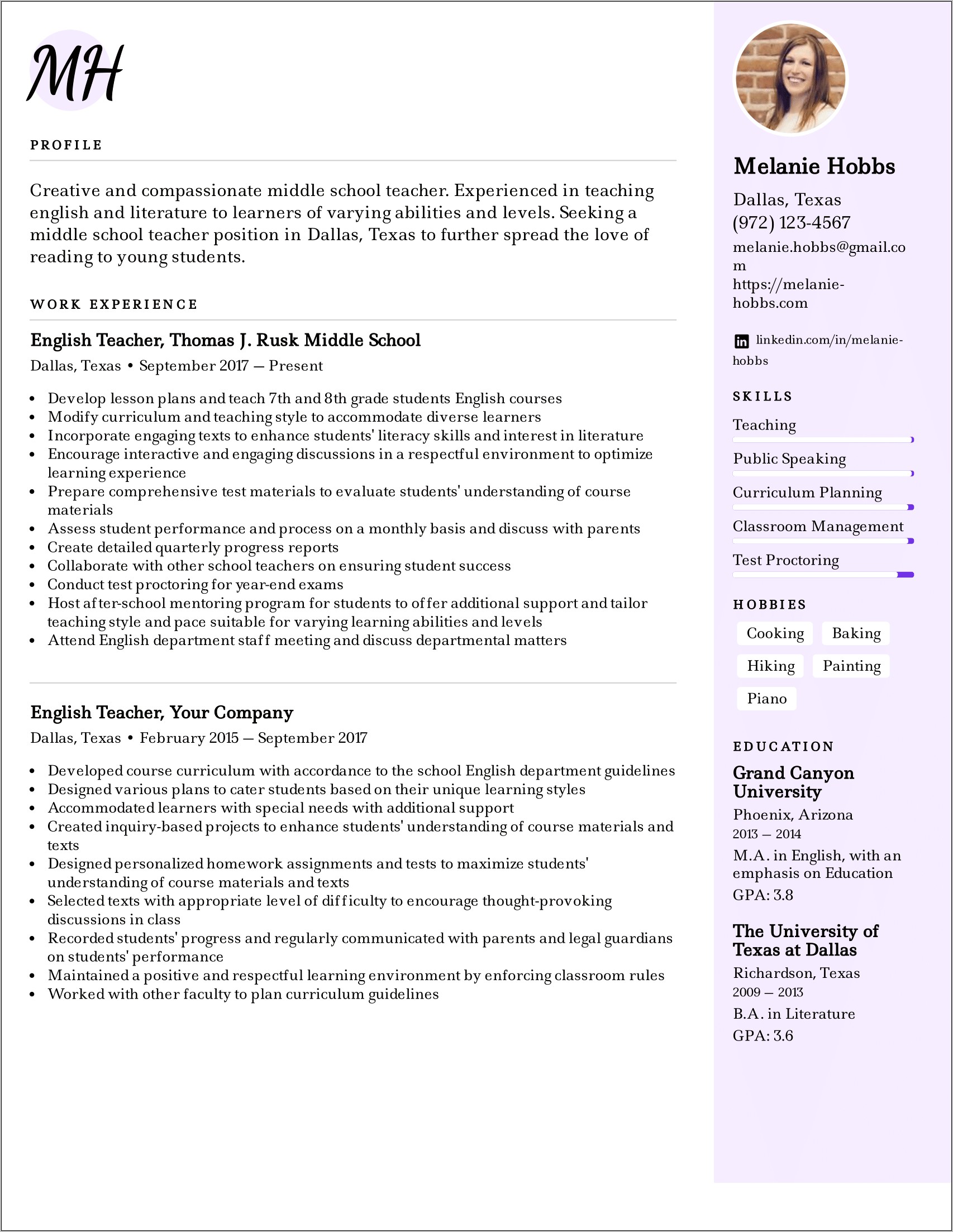 Resume For A Middle School Teacher