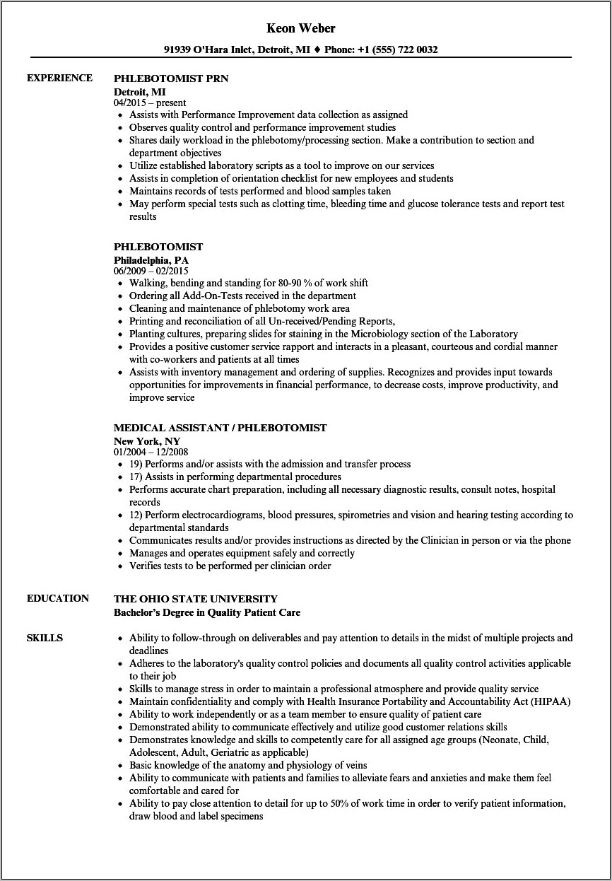 Resume For A Phlebotomist With 15 Years Experience