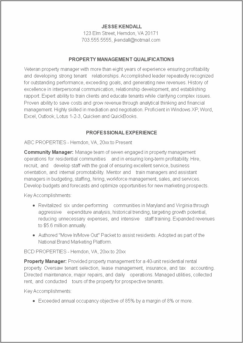 Resume For A Property Manager Example