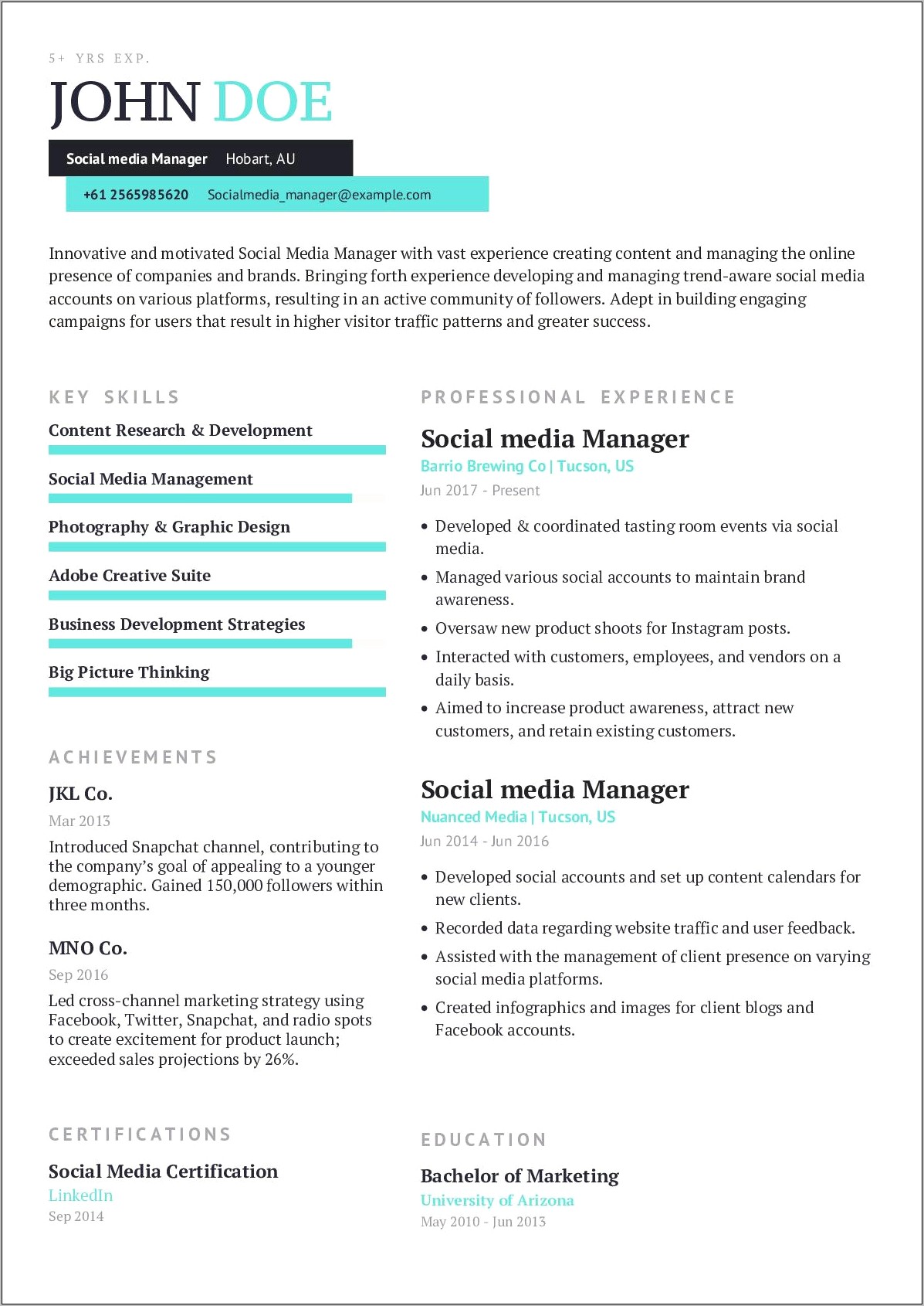 Resume For A Social Media Manager
