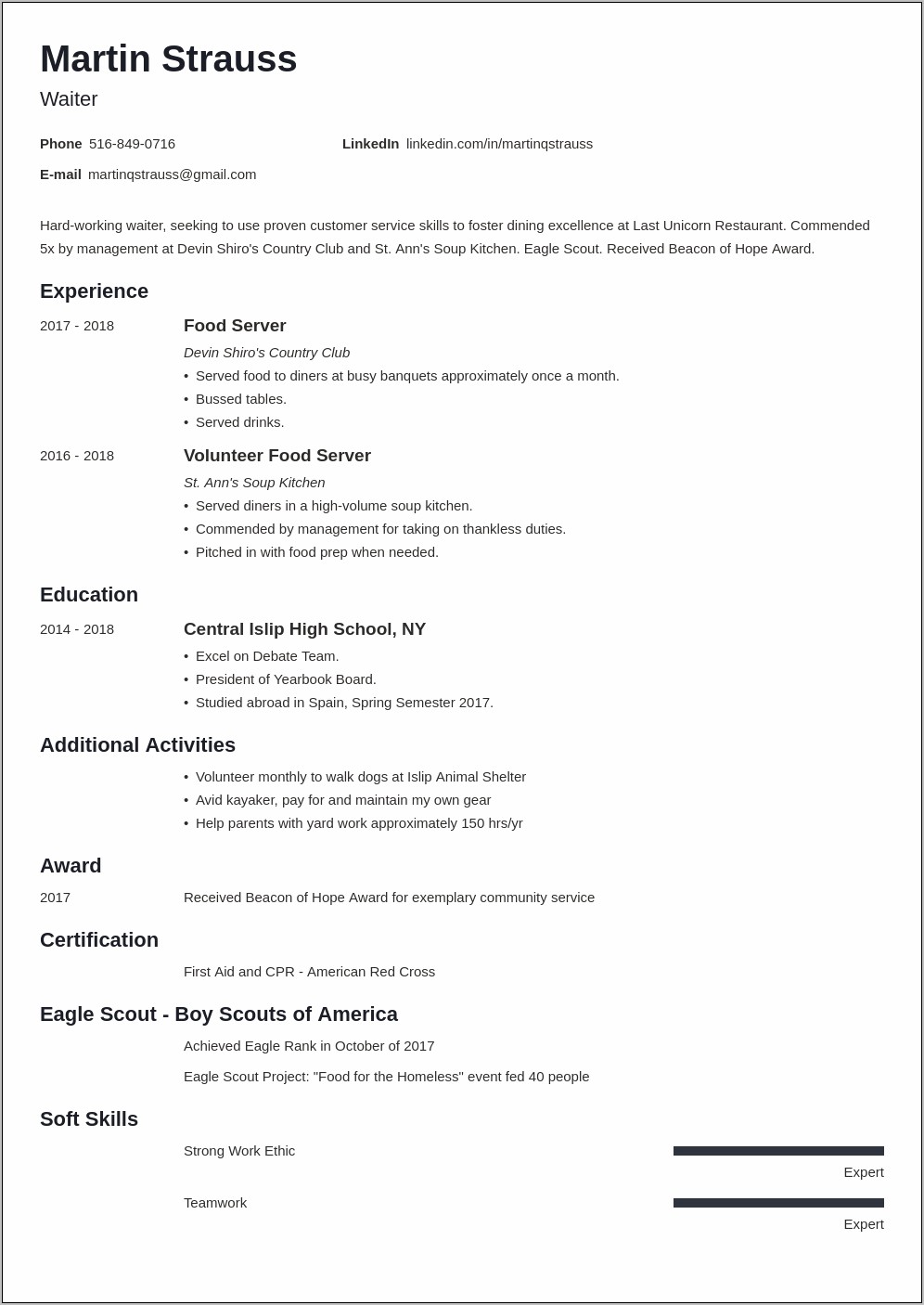 Resume For A Young Person In Resturant Work