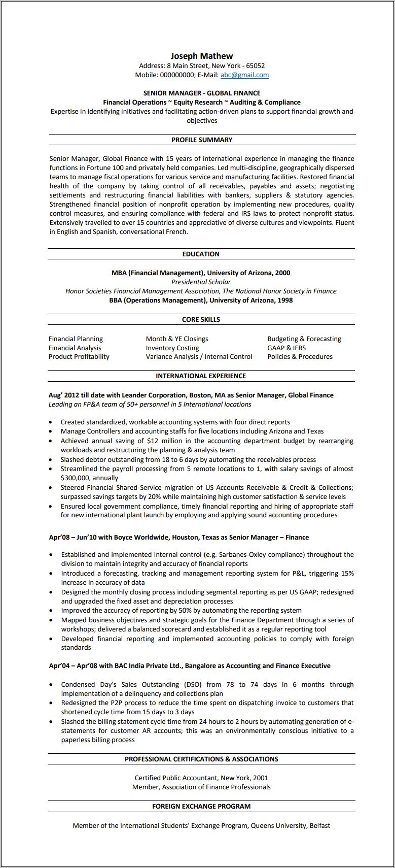 Resume For Accountant In Word Format India