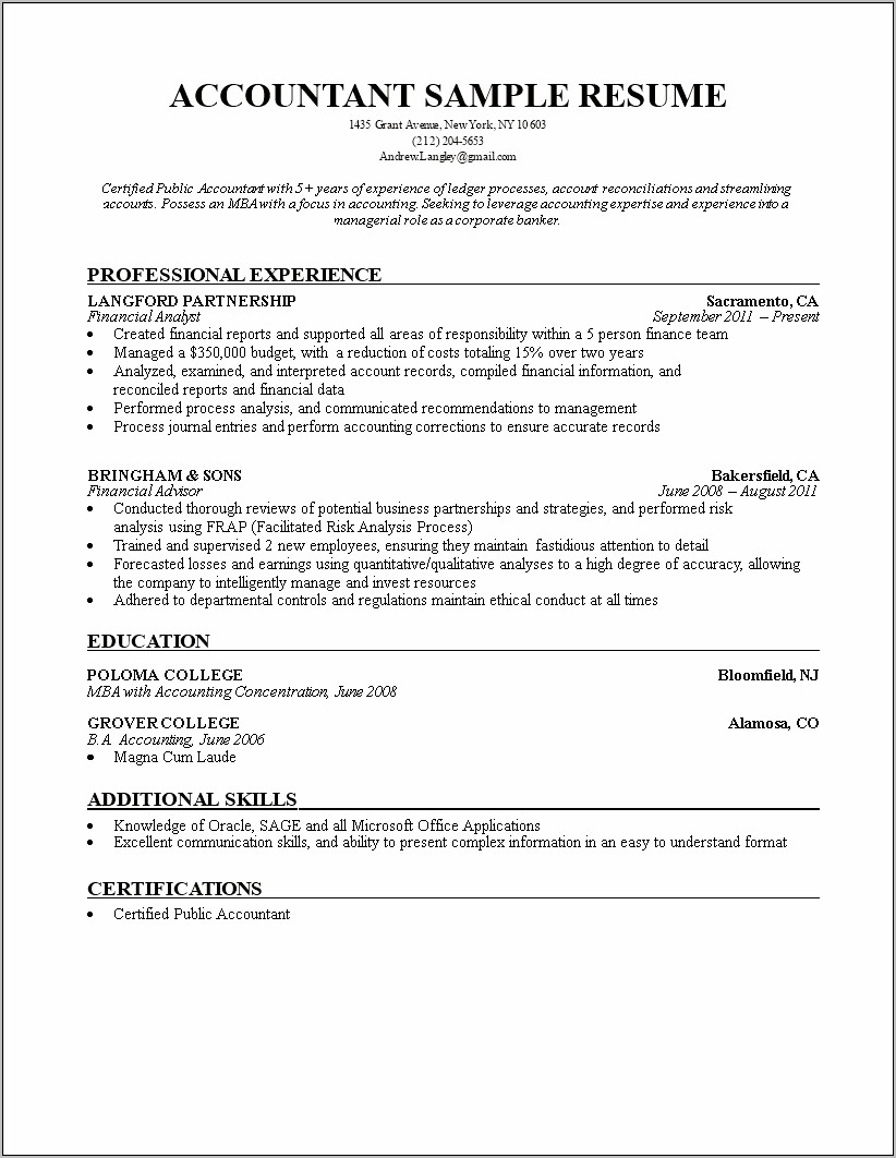 Resume For Accounting Job With Experience