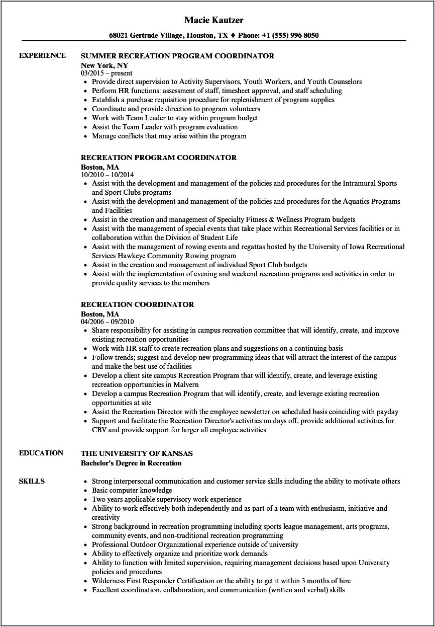 Resume For Activities Coordinator Position Examples