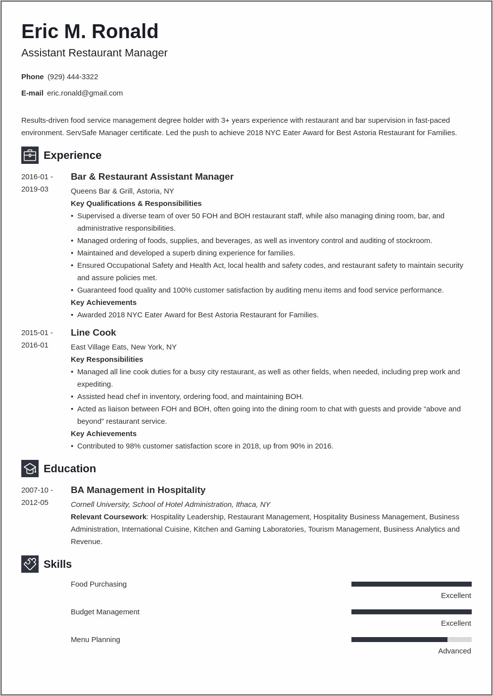 Resume For Admin Work With Restaurant Experience
