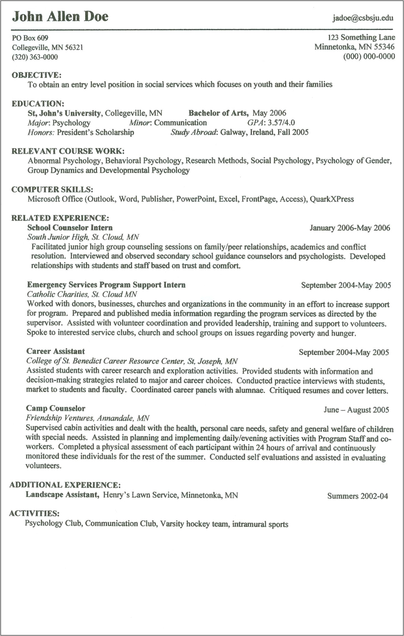 Resume For An On Campus Job