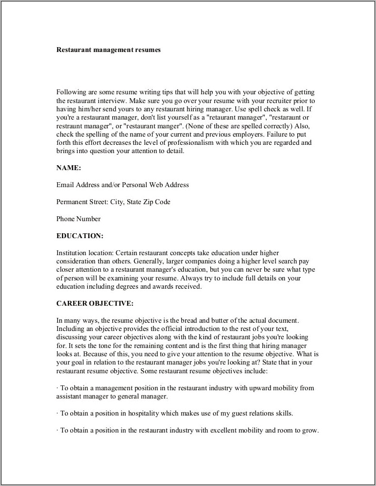 Resume For Apply At Restaurant Examples
